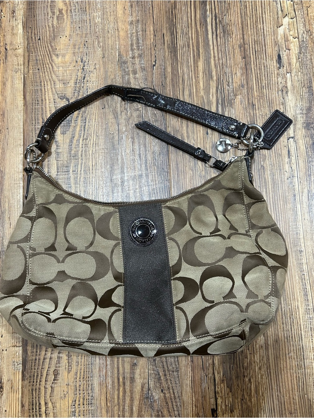 Y2K Coach Monogram Canvas Shoulder Bag in Khaki and Brown Hobo Style